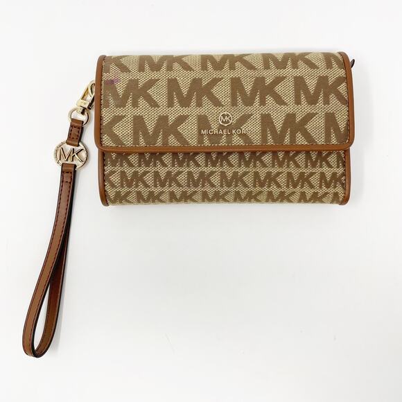 MK Michael Kors Signature Tan Brown Leather Trifold Wallet Gold Hardware Wrist - Picture 1 of 10